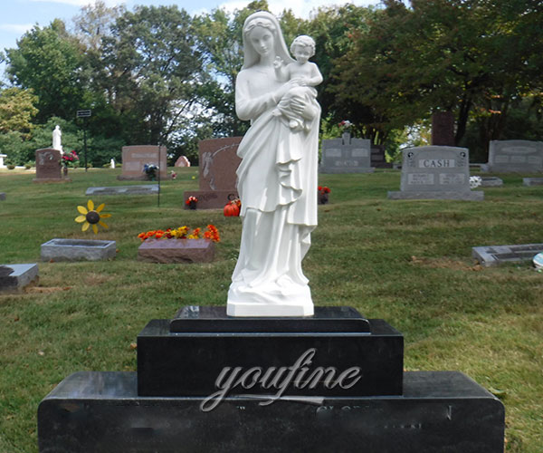 Black granite monuments with Virgin Mary holding Jesus statue for grave decoration design prices