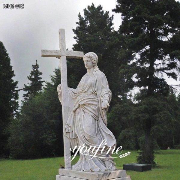 White Marble Christian Woman with Cross Statue for Graveyard (1)