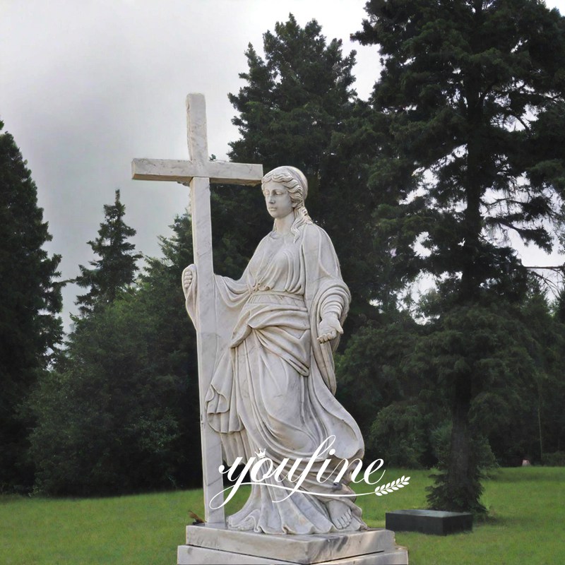 White Marble Christian Woman with Cross Statue for Graveyard (4)